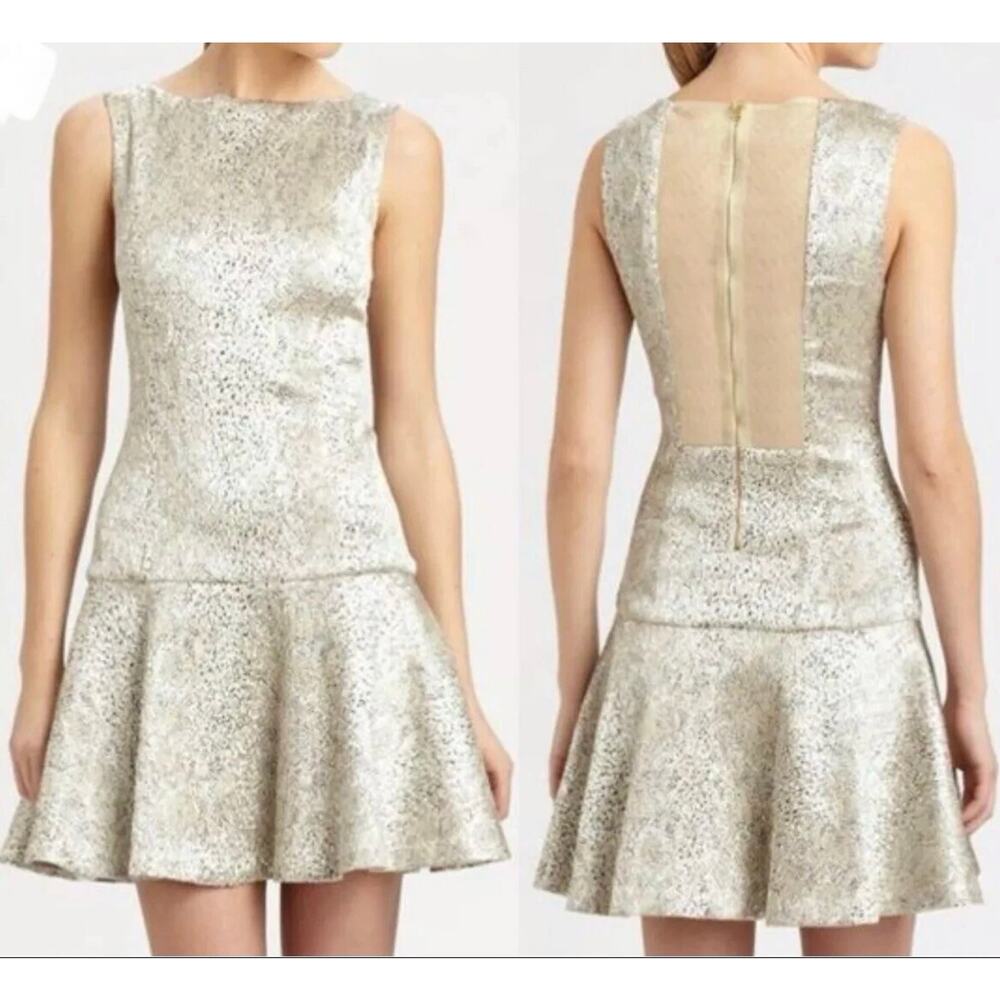 NWT Alice+ Olivia $440 Lora Drop Waist Skater Dress Size M Silver Metallic